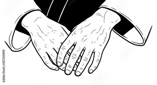 closeup of clasped hands, detailed wrinkles, black ink drawing, elegant, mature, patience, waiting