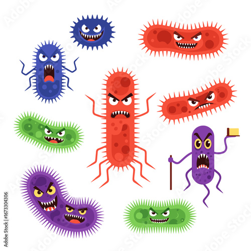 Collection of funny cartoon microscopic organisms depicting various microbes with angry facial expressions and spiky appendages in a playful illustration