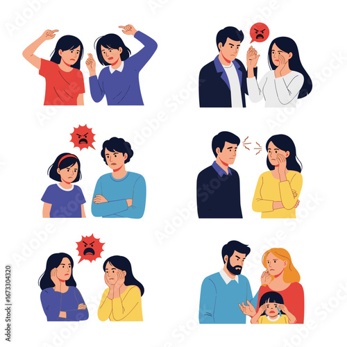 Illustrations of people arguing and disagreeing showing various stages of conflict resolution and negative emotions