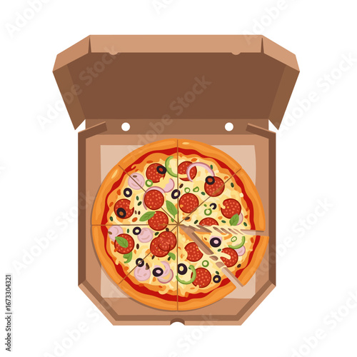 Delicious pepperoni pizza slice ready to be enjoyed in a cardboard box with fresh ingredients