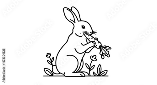 cute bunny rabbit eating carrot in garden, line art, spring, easter