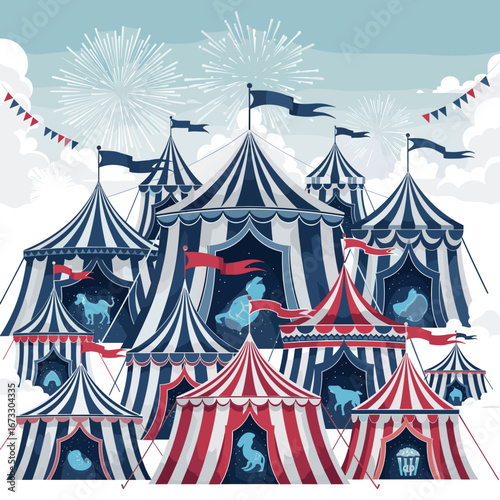 Vibrant summer festival celebrates joyful spectacles under a sky filled with festive fireworks and colorful banners