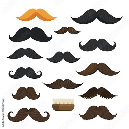 Collection of various styles and colors of mustaches and a grooming brush