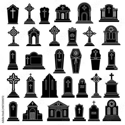 Collection of various gravestones and funeral monuments including mausoleums coffins and crosses in black silhouette style representing the cemetery scene