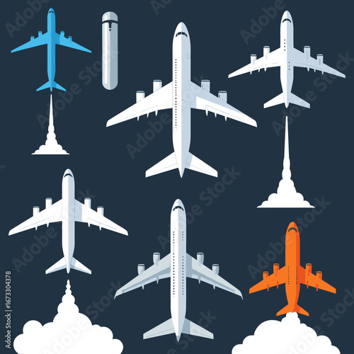 Collection of diverse aircraft designs and takeoff illustrations depicting aviation advancement and travel possibilities