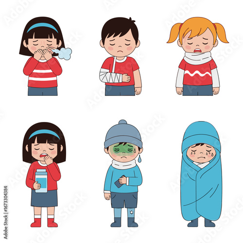 Illustrations of young children experiencing various common childhood illnesses and injuries showcasing symptoms such as coughing sneezing fever and broken limbs