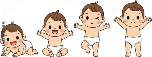 Cute cartoon baby development stages, crawling to walking, happy infant, toddler growth milestone illustration, adorable baby in diaper, isolated