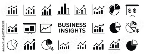 Vector icon set of business analytics and financial data visualization elements. Collection of linear graphs, bar charts, and pie diagrams for presentations and reports