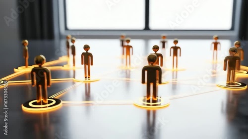 Golden Humanoid Figures Linked in a Network on Dark Grey Surface