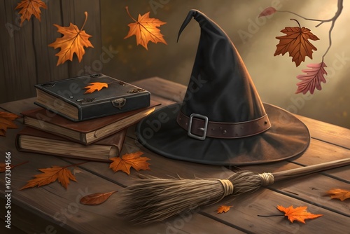 Rustic Halloween Flat Lay with Witch Hat, Broomstick, Books, and Autumn Leaves