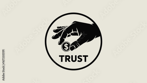 A graphic illustration of a hand holding a coin with the word trust below it inside of a circle