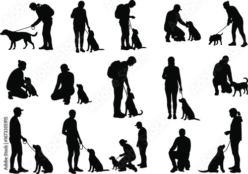 Silhouettes of people walking and training dogs, pet owners with dogs on leash, playing and bonding with pets, dog care and companionship vector