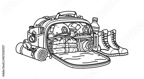 emergency kit bag, rescue gear, survival pack, first aid, helmet, boots, preparedness
