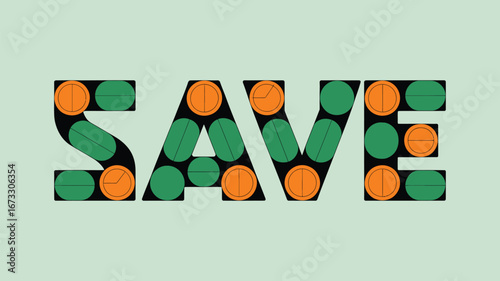 The word save is spelled out using green and orange pills on a light green colored background