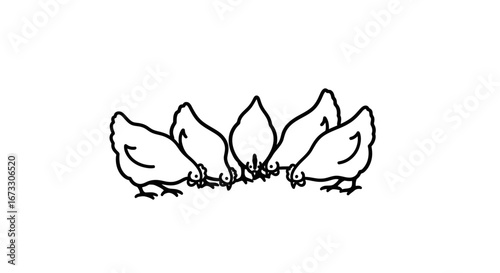 five chickens pecking ground, farm animals, poultry, line art, simple illustration, black and white
