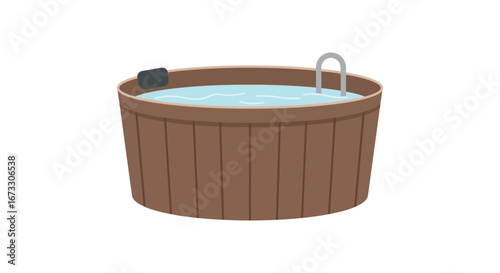 a brown wooden bucket with a metal handle and water inside it