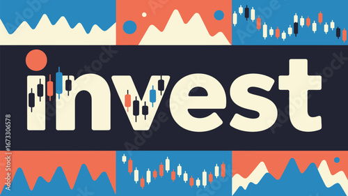 Word invest with candlestick chart elements and abstract stock market graph background design art