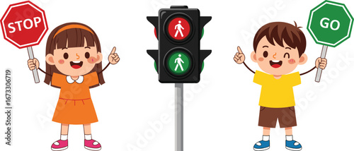 Cute kids showing stop and go signs with pedestrian traffic light, road safety education concept, children learning traffic rules.