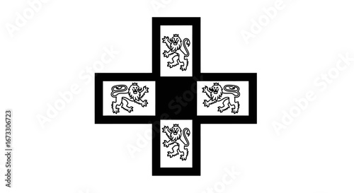 four lions rampant cross graphic heraldic symbol, black and white crest, medieval lion design