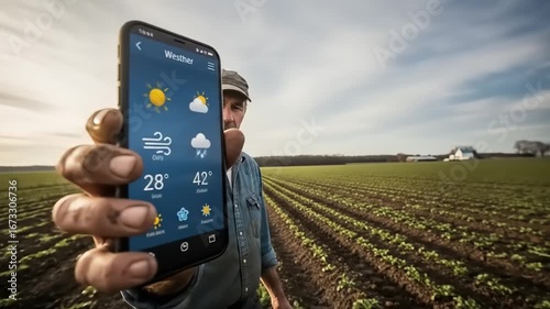Farmer checking weather app on smartphone in lush green field with blue sky and clouds