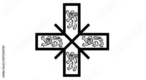 four lions rampant cross symbol heraldic design, medieval emblem, lion crest