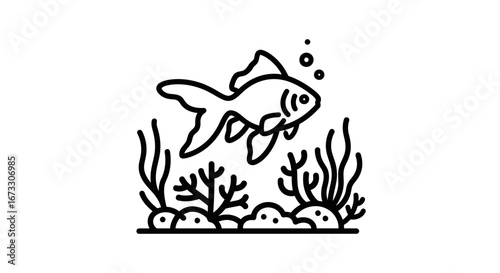 goldfish in underwater scene line art illustration, aquatic life, pond fish