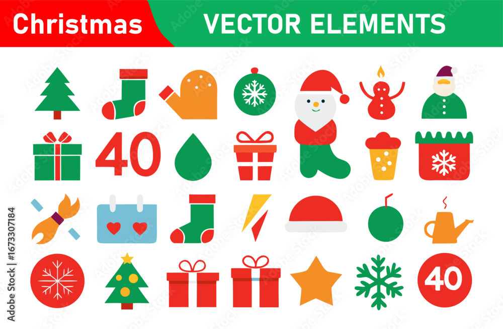 Fototapeta premium Colorful Christmas Vector Element Set with Holiday Icons and Festive Decorations