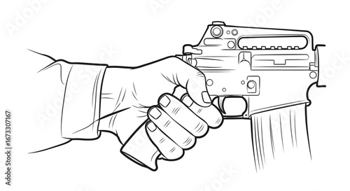 hand holding ar15 rifle, detailed line drawing, weapon, military, firearm