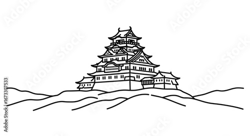 japanese castle line art majestic asian architecture illustration, ancient fortress, hilltop structure