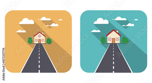 Two cartoon houses on roads with different colored backgrounds and sunny skies