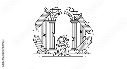 knight in fallen temple ruins line art, medieval, ancient architecture, religion, prayer