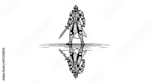 knight reflection medieval warrior, sword, armor, fantasy, dark art, mysterious, water, mirror image