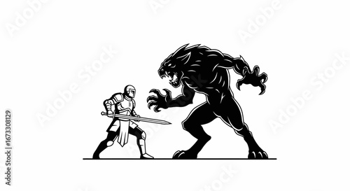 knight versus beast epic medieval battle silhouette illustration