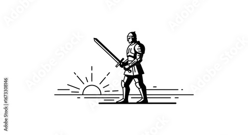 knight, sunset, sword, line art, warrior, medieval, fantasy, emblem, design, illustration, strong, brave, epic, adventure, graphic