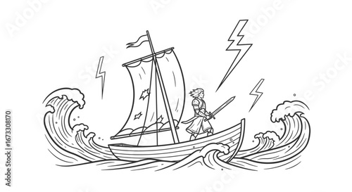 knight, stormy sea, sailing boat, adventure, danger, sword, epic, waves, lightning, warrior, courageous, journey, fantasy, art