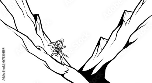 knight, sword, mountain pass, adventure, fantasy, line art, black and white, illustration, graphic, medieval, epic, journey, determination, valiant, warrior