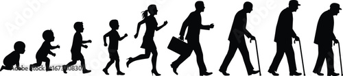 Silhouette illustration of human life stages, from crawling baby to elderly person with cane, showing growth, aging process, timeline, vector art, black and white