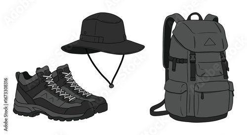 hiking gear including backpack hat and boots on white background