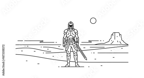 lone knight in desert landscape minimalist line art, medieval warrior, sword, sun