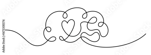 Brain with heart inside. One line drawing. Minimalist one line art symbolizing balance of mind and feelings, psychology, emotional intelligence, love, mental health, connection of logic and emotion.