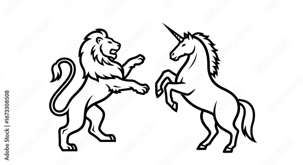 Fototapeta premium majestic lion and unicorn classic heraldry, regal creatures, mythical beasts, line art, black and white