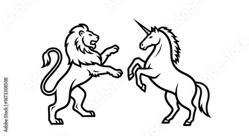 majestic lion and unicorn classic heraldry, regal creatures, mythical beasts, line art, black and white