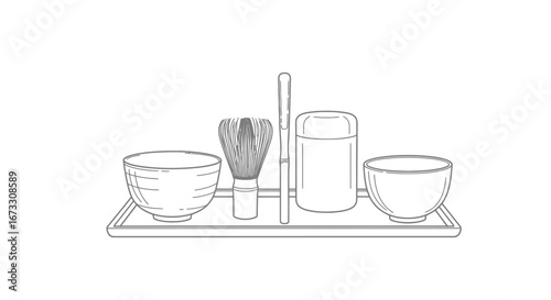 matcha tea set bowls, whisk, spoon, container on tray japanese tea ceremony