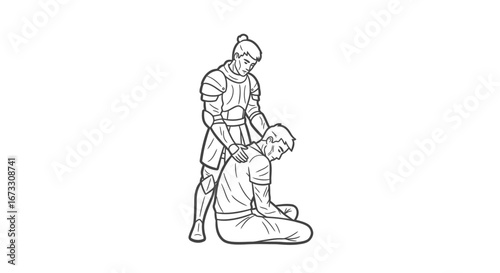 medieval knight giving a shoulder massage, line art illustration, historical treatment, healthcare, warrior