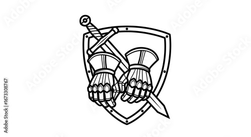 medieval knight gloves, sword, and shield vintage emblem design