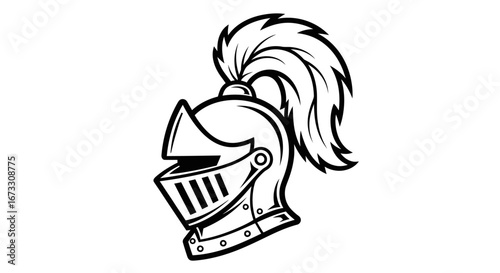 medieval knight helmet, vintage armor, black and white illustration, profile view, feathered plume, combat, history
