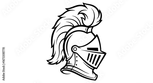 medieval knight helmet, armor head, vintage, black and white, line art, illustration
