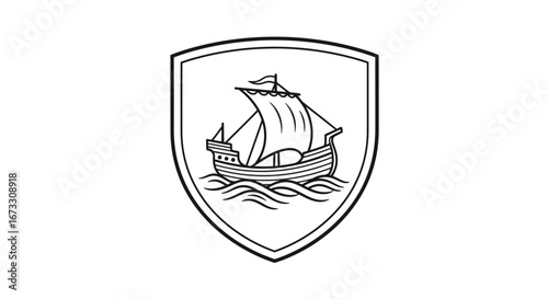 medieval ship in crest vintage boat emblem, nautical seal, maritime icon, history design