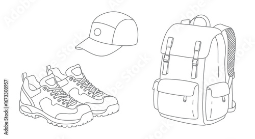 line drawing of hiking gear including backpack and shoes and hat