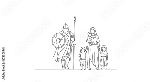 medieval warrior family father, mother, and children line art illustration